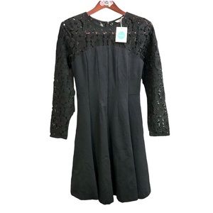 BODEN little black dress floral mesh lace sleeves fit n flare skirt